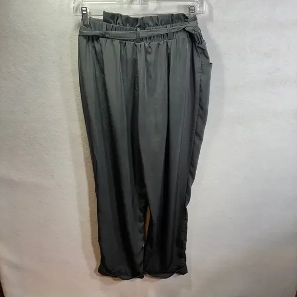 Lulus Chic Gray Paper Bag Tie Waist Pants Medium M NWT Shiny Dressy Cuff Hem - Picture 2 of 7